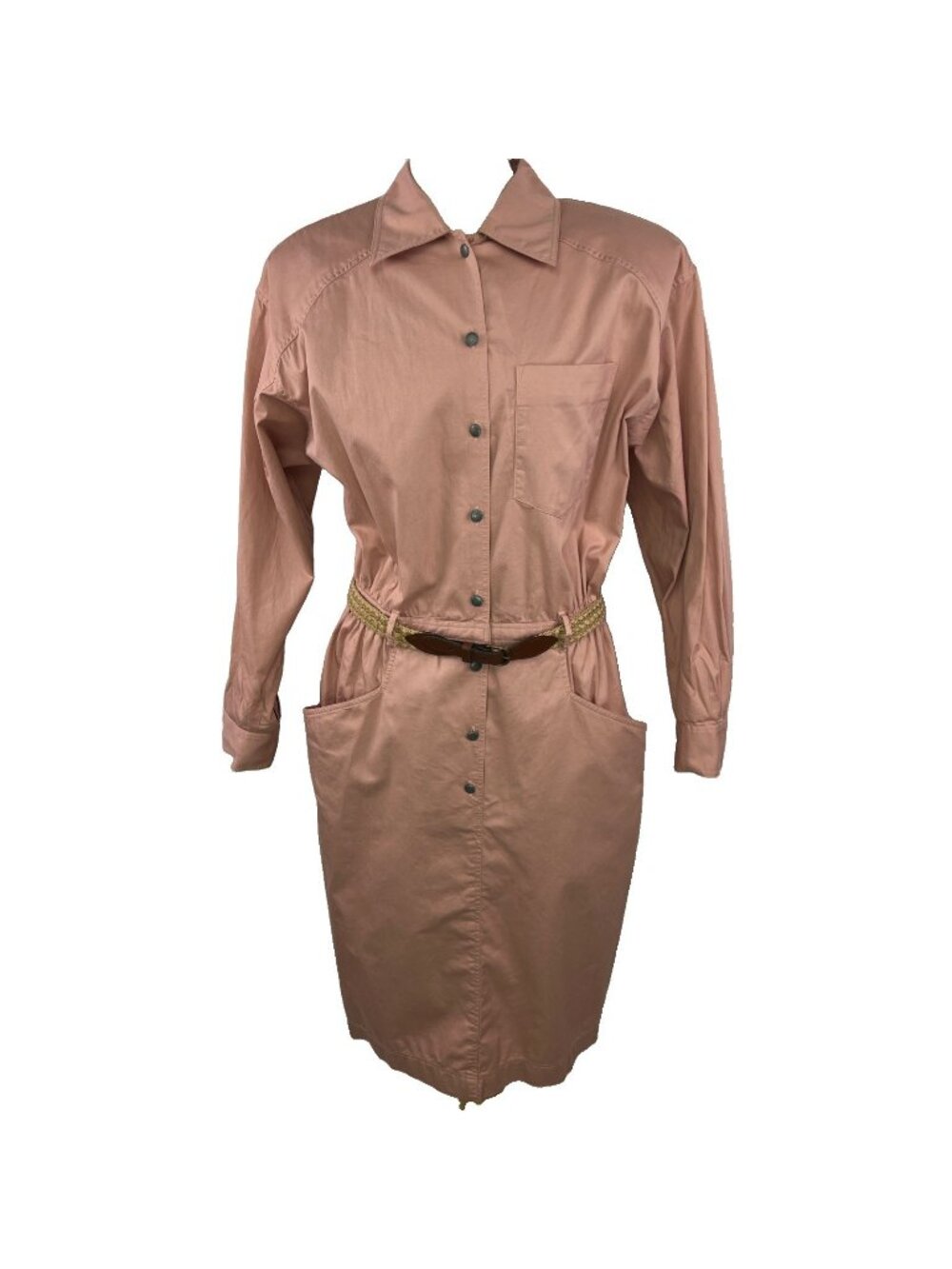 Vtg 80s Sz 14 Pink Cotton Canvas Shirt Dress Belted Midi Retro Liz Claiborne